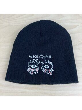 Alice Cooper Eye Make-up Logo Knit Beanie Hat Black Embroidered Logo